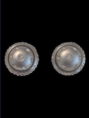 VTG Satin Silver Tone Domed Button w Rhinestones Rope Trim Stud Pierced Earrings